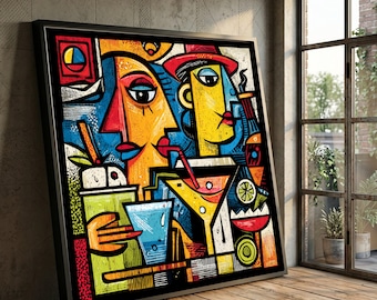 Modern Art Cocktail Scene Canvas, Colorful Abstract Faces Bar Drinks Wall Art, Contemporary Home Decoration