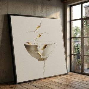 Elegant Kintsugi Bowl Canvas Art, Gold Repair Illustration, Minimalist Japanese Pottery Wall Art, Home Decor Accent, Modern Canvas Design