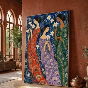 Vittorio Zecchin-stil Eleganta kvinnor med liljor Canvas, Dekorativ blomsterkonst, Art Nouveau-väggdekor, Färgglada mönstrade klänningar, Hem