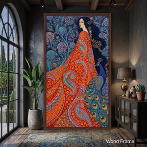 Livfull canvastavla i Vittorio Zecchin-stil, kvinna med påfågel, dekorativt blommönster, vintage heminredning i jugendstil