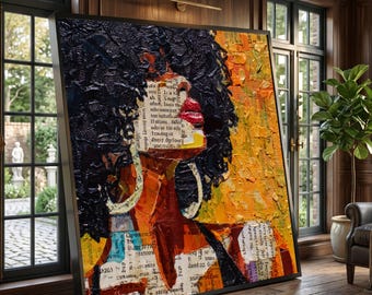 Afrocentric Woman Profile Collage Canvas, Modern Black Art, Mixed Media Wall Art, Vibrant Abstract Canvas, Contemporary Home Decor