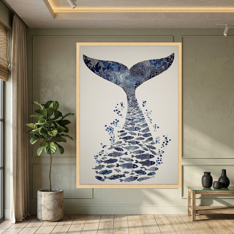 Blue Whale Tail Canvas, Ocean Fish Silhouette Art, Marine Life Wall Decor, Nautical Canvas Wall Art, Coastal Home Decoration image 7