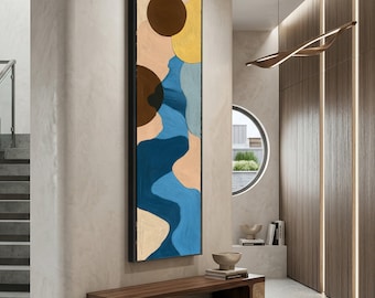 Long Narrow, Abstract Organic Shapes Canvas, Earth Tone Wall Art, Modern Minimalist Canvas, Blue Brown Yellow Home Decor, Vertical Wall Deco