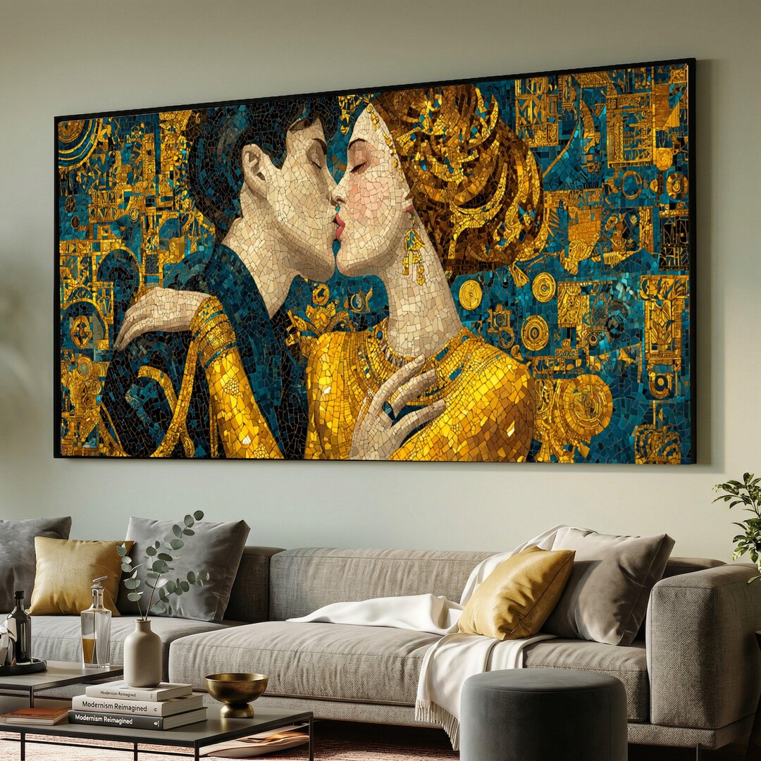 Gustav Klimt Style, Romantic Mosaic Couple Canvas Wall Art, Elegant ...