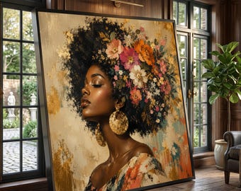 Elegant Afro Woman Canvas, Floral Hair Bouquet Wall Art, Gold Accent Portrait Canvas, Modern African Beauty Decor, Ready to Hang Canvas