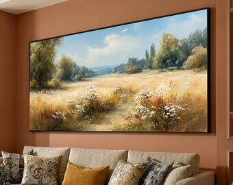 Sunny Meadow Field Canvas, Wildflower Landscape Wall Art, Rustic Nature Scene Canvas, Countryside Floral Decoration, Home Wall Hanging