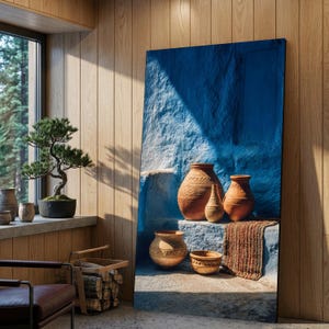 Rustic Mediterranean Pottery Canvas, Blue Wall Art, Terracotta Vessel Decoration, Sunlit Clay Pots, Bohemian Home Accent
