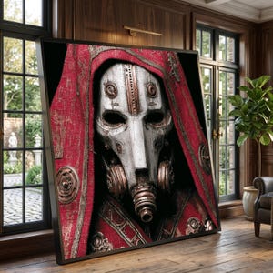 Steampunk Mask Canvas Wall Art, Mechanical Face with Red Cloak, Industrial Gothic Canvas, Dark Fantasy Decoration, Unique Home Wall Art