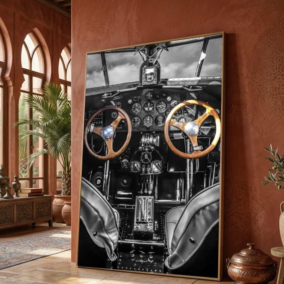 Vintage Airplane Cockpit Canvas, Retro Aviation Wall Art, Pilot Instrument Panel Canvas, Aircraft Interior Decor, Historical Flight Canvas