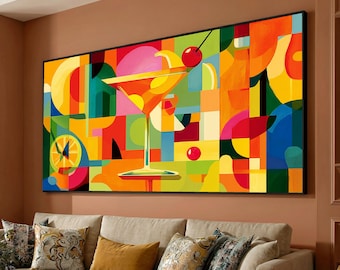 Vibrant Martini Cocktail Canvas, Abstract Bar Scene Wall Art, Colorful Geometric Home Decor, Modern Lounge Canvas, Ready to Hang Artwork