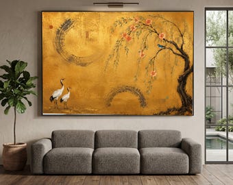 Elegant Cherry Blossom Tree with Cranes Canvas, Asian Nature Wall Art, Golden Background Floral Canvas, Tranquil Bird Scene Decoration