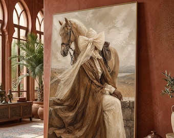 Elegant Woman with Horse Canvas, Vintage Equestrian Wall Art, Classic Portrait Canvas, Rustic Home Decoration, Soft Earth Tone Canvas Wall