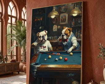 Playful Bulldog Pool Game Canvas, Vintage Bar Scene Wall Art, Canine Billiards Decor, Humorous Pet Canvas, Home Entertainment Wall