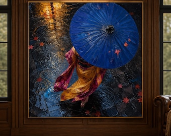 Traditional Japanese Kimono Canvas, Blue Umbrella Art, Autumn Leaves Wall Decor, Rainy Street Scene Canvas, Cultural Home Decoration