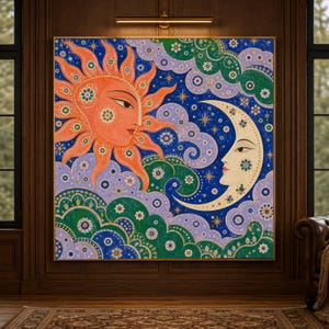 Vittorio Zecchin Style Sun and Moon Canvas Wall Art, Decorative Celestial Harmony Floral Pattern Home Decor, Artistic Night and Day Scene
