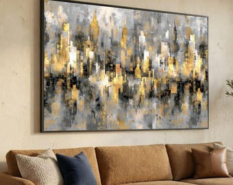 Modern Abstract Cityscape Canvas Wall Art, Gold and Grey Urban Skyline Decor, Contemporary Metallic Accent Canvas, Ready to Hang Wall