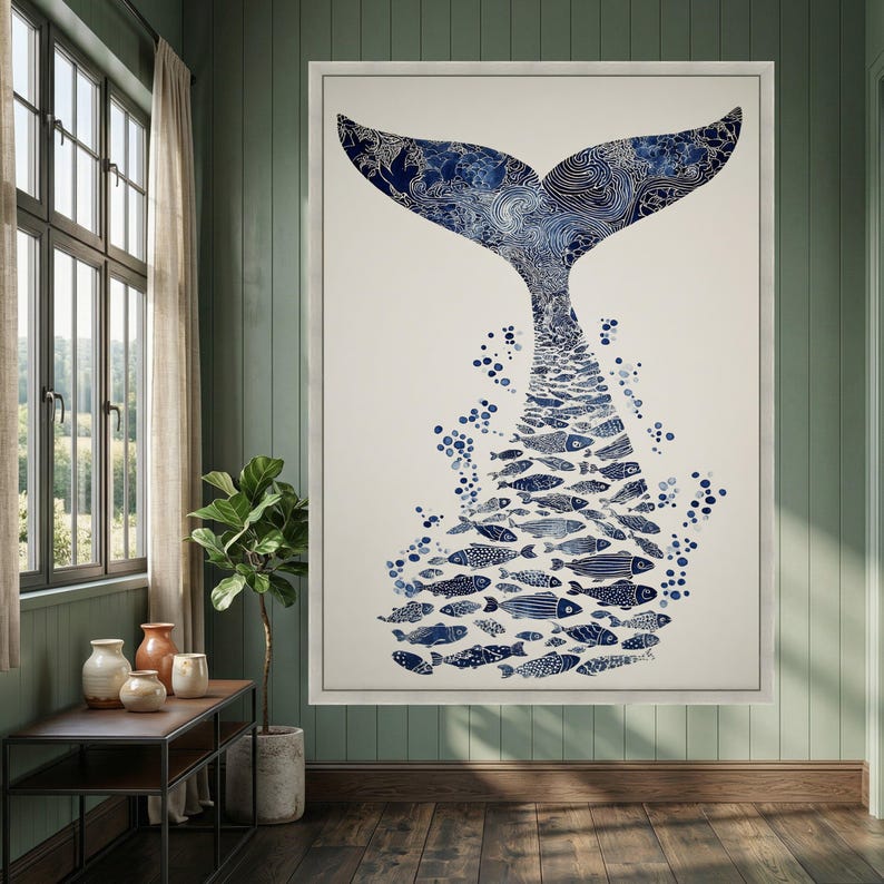 Blue Whale Tail Canvas, Ocean Fish Silhouette Art, Marine Life Wall Decor, Nautical Canvas Wall Art, Coastal Home Decoration image 3