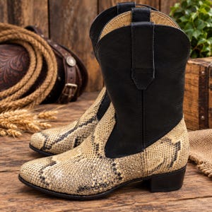 Snakeskin Print Cowboy Boots, Black and Tan Western Ankle Boots for Women, Python Print Leather Boots, Handmade Boho Boots