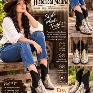 Handmade Cowboy Boots, Black Leather Shaft, Western Style Ankle Boots Snakeskin Print