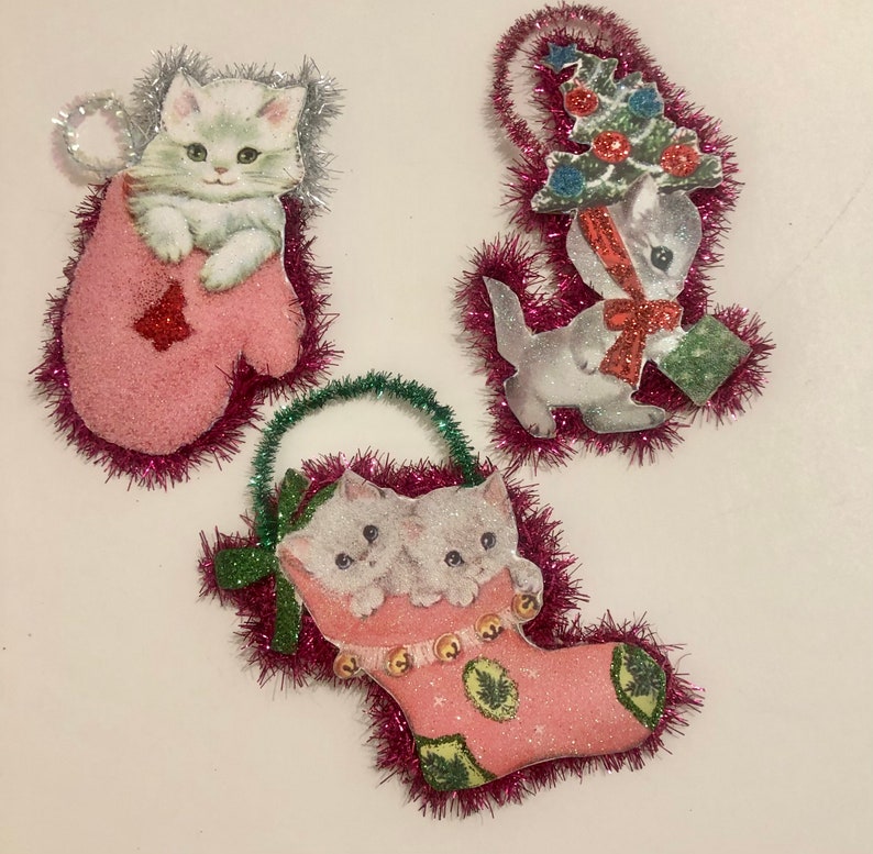 5 Set of Three Handmade Christmas Cats Decoration Ornaments Etsy
