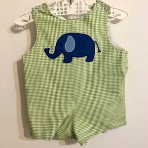 12mo Embroidered Elephant Gingham Shortalls by Betti Terrell