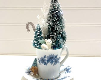 Winter Demitasse Teacup Diorama Decoration, HANDMADE OOAK