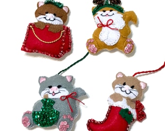 Four Kitty Cat Felt Ornaments, Handmade