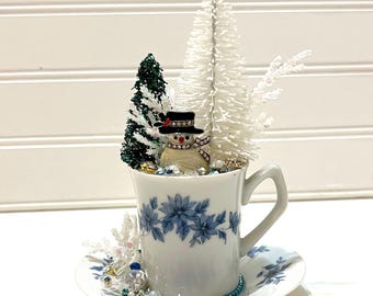 Winter Demitasse Teacup Diorama Decoration, HANDMADE OOAK