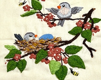 Crewel Birds on Branches, Completed 8x10