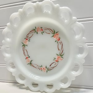 Milk Glass Scalloped Dessert Plate, Handpainted