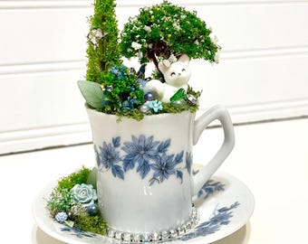 Spring/Summer Demitasse Teacup Diorama Decoration, HANDMADE OOAK
