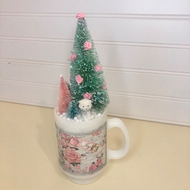 9.5 Cottage Chic Christmas Milk Glass Cup Diorama Decoration HANDMADE