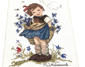 8x10 Hummel “Bashful” Cross Stitch, Completed unframed Image