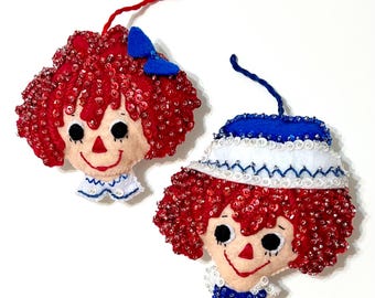 Raggedy Ann & Andy Felt Ornaments, Handcrafted OOAK