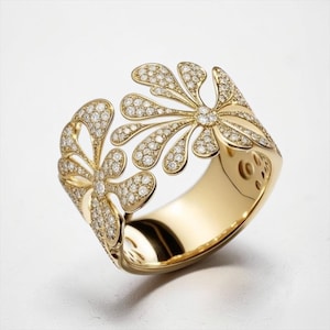 Floral Pave Moissanite Ring, 18K Gold Plated Sterling Silver Statement Jewelry
