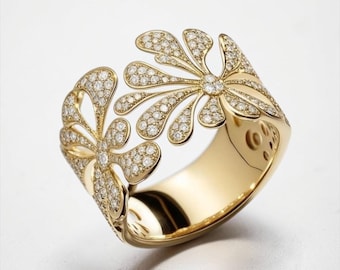 Anello con moissanite e pavé floreale, in argento sterling placcato oro 18 carati, gioiello di tendenza.