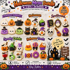 以下が含まれることがあります： ハロウィン・メガ・バンドル・デジタルセット。ハロウィン・ダンプリング、ハロウィン、スペルバウンド、スプーキー・ドリンクス、ハロウィン・トリーツの5つのテーマで構成された30種類のクッキー型デザイン。画像にはカラフルなクッキーのイラストとテキストが表示されています。