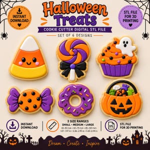 Op de afbeelding: Een digitale set van 6 Halloween koekjesvorm ontwerpen waaronder candy corn, een lolly, een cupcake met een spookje, een verpakt snoepje, een donut en een pompoenmandje. Tekst bevat Halloween Treats, Cookie Cutter Digital STL File en 3 maten van 40 tot 100 mm.