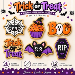 May include: A set of 6 Halloween-themed cookie cutter digital STL files featuring designs of a spider on a web, a cupcake with a witch hat, the word BOO, the text Trick or Treat, a bat, and a coffin with RIP. Includes 3 size ranges.