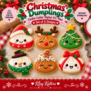 Puede incluir: Un conjunto de seis cortadores de galletas con forma de dumpling navideño en formato de archivo digital STL. Los diseños incluyen un dumpling con gorro de Santa, un reno, un árbol de Navidad, un muñeco de nieve, un hombre de jengibre y un regalo.