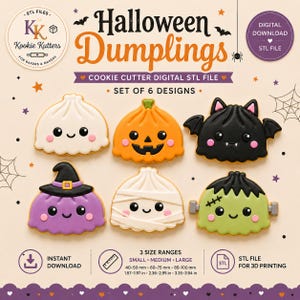Puede incluir: Un conjunto de seis cortadores de galletas con forma de dumpling para Halloween como archivo STL digital. Los diseños incluyen un fantasma blanco, calabaza naranja, murciélago negro, bruja morada, momia blanca y monstruo verde en tres tamaños.