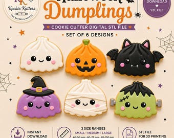 May include: A set of six Halloween-themed dumpling cookie cutters as a digital STL file. Designs include a white ghost, orange pumpkin, black bat, purple witch, white mummy, and green monster. Includes 3 size ranges: 40-50 mm, 60-75 mm, and 85-100 mm.