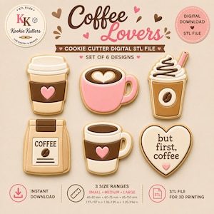 以下が含まれることがあります： コーヒーをテーマにした6種類のクッキー型デザインのデジタルSTLファイルセット。デザインにはコーヒーカップ、COFFEEと書かれた袋、but first, coffeeというテキストが入ったハート型が含まれます。サイズは40-50mm、60-75mm、85-100mmの範囲です。