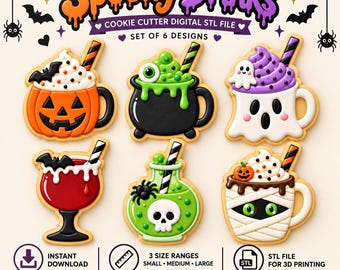 May include: A set of six Spooky Drinks cookie cutter digital STL files for 3D printing. Designs include a pumpkin mug, a green cauldron, a ghost mug, a red goblet, a skull potion bottle, and a mummy mug, all with straws.