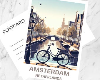 Vintage Amsterdam Postcard Netherlands Canal Bicycle Art Print Dutch Travel Postcard Aesthetic Wall Decor Europe Souvenir Card Travel Gift