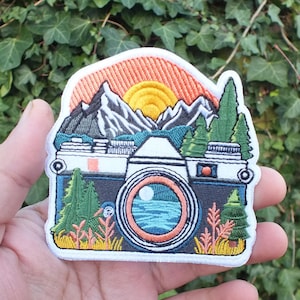 Toppa da viaggio per parco nazionale da cucire, grande toppa ricamata con tramonto da stirare, idea regalo per giacca, esploratore, avventuriero, stampa al tramonto in montagna