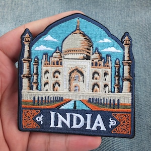Parche termoadhesivo de viaje a la India con bordado del Taj Mahal. Maravilla del mundo. Recuerdo de viaje para chaqueta o mochila.