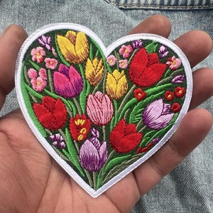 Cute Tulip Patch Large Iron On Botanical Patch Personalized Floral Applique Gifts for Her Sew On Wildflower Patch Embroidered Heart Patch