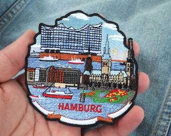 Hamburg Iron On Patch Germany Travel Souvenir Embroidered Sew On Patch German City Harbour Hook and Loop Applique Gift for Travel Lover