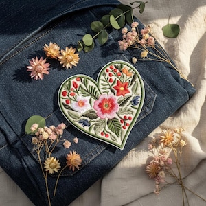 May include: A heart-shaped embroidered patch with a floral design in red, pink, and white, with green leaves and blue accents. The patch is on dark blue denim, with dried flowers and greenery around it. The patch is approximately 10 cm in width.